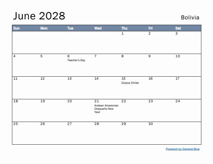 June 2028 Simple Monthly Calendar for Bolivia