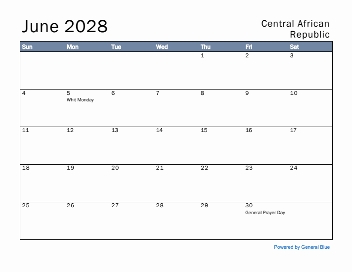 June 2028 Simple Monthly Calendar for Central African Republic