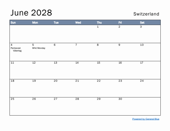 June 2028 Simple Monthly Calendar for Switzerland