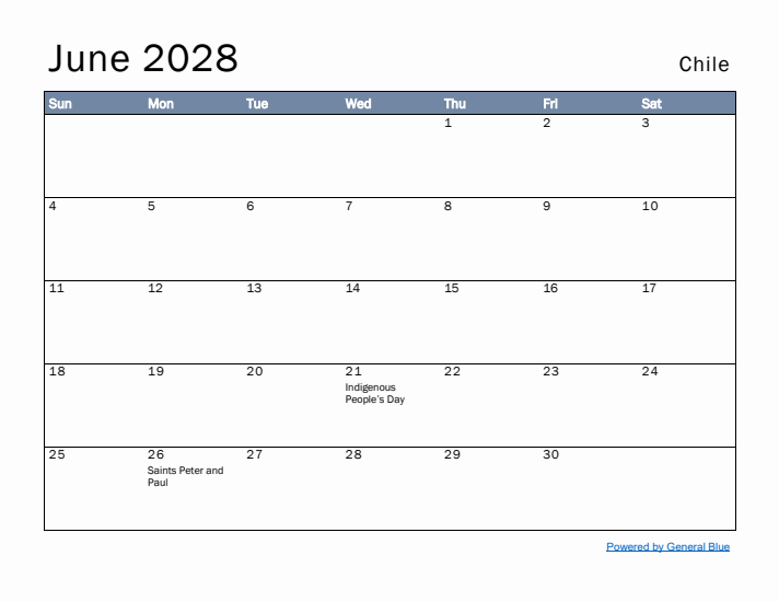 June 2028 Simple Monthly Calendar for Chile