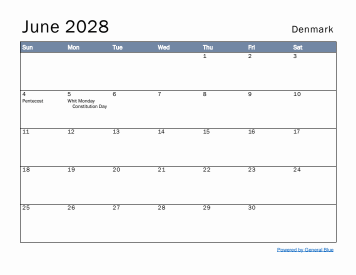 June 2028 Simple Monthly Calendar for Denmark