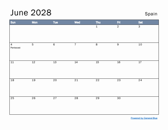 June 2028 Simple Monthly Calendar for Spain