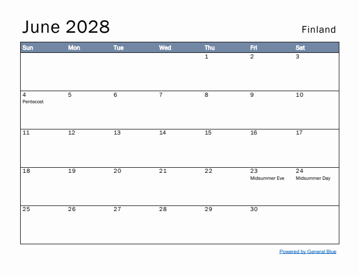 June 2028 Simple Monthly Calendar for Finland