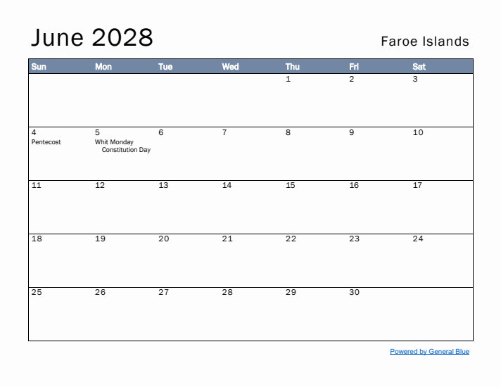 June 2028 Simple Monthly Calendar for Faroe Islands