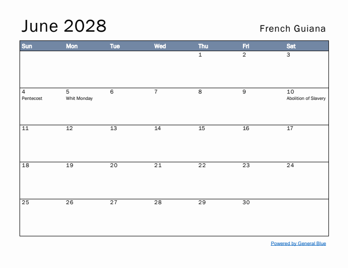 June 2028 Simple Monthly Calendar for French Guiana