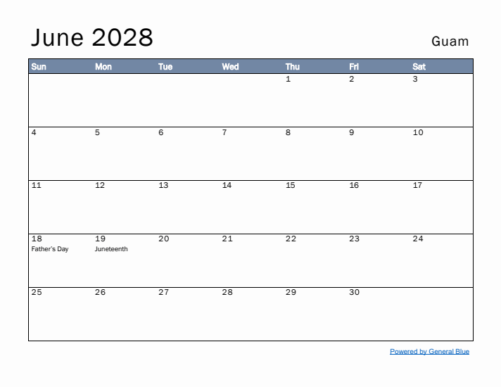 June 2028 Simple Monthly Calendar for Guam