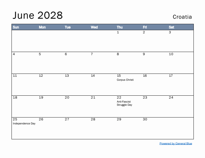 June 2028 Simple Monthly Calendar for Croatia