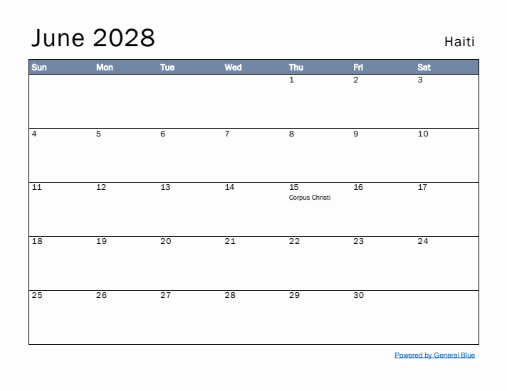 June 2028 Simple Monthly Calendar for Haiti