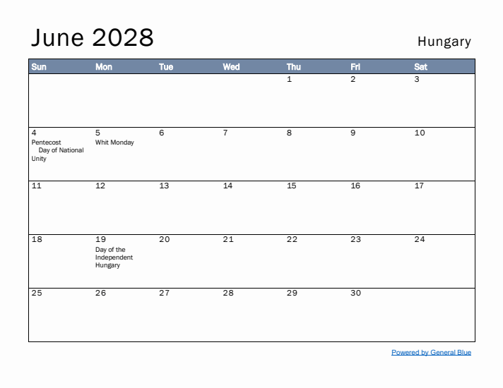 June 2028 Simple Monthly Calendar for Hungary