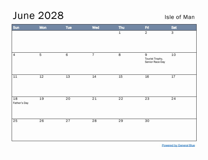 June 2028 Simple Monthly Calendar for Isle of Man