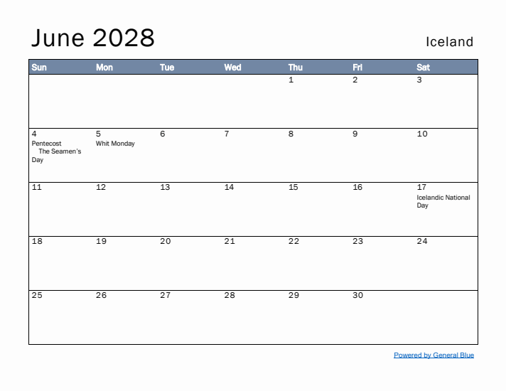 June 2028 Simple Monthly Calendar for Iceland