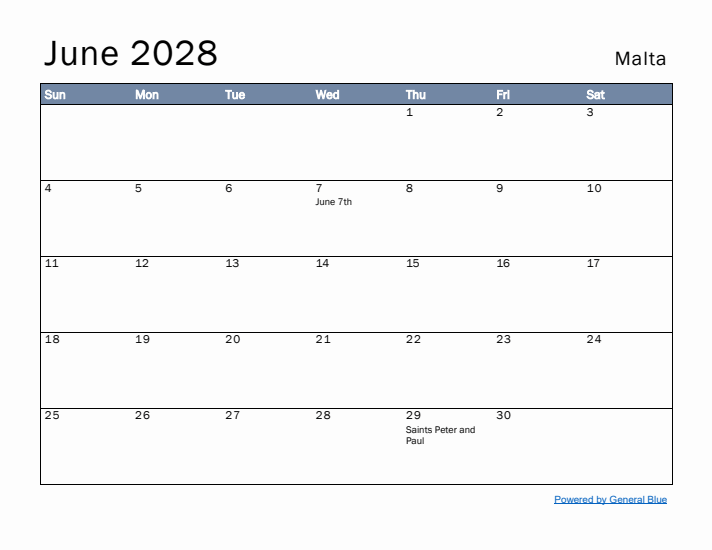 June 2028 Simple Monthly Calendar for Malta