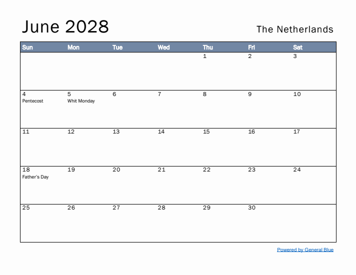 June 2028 Simple Monthly Calendar for The Netherlands