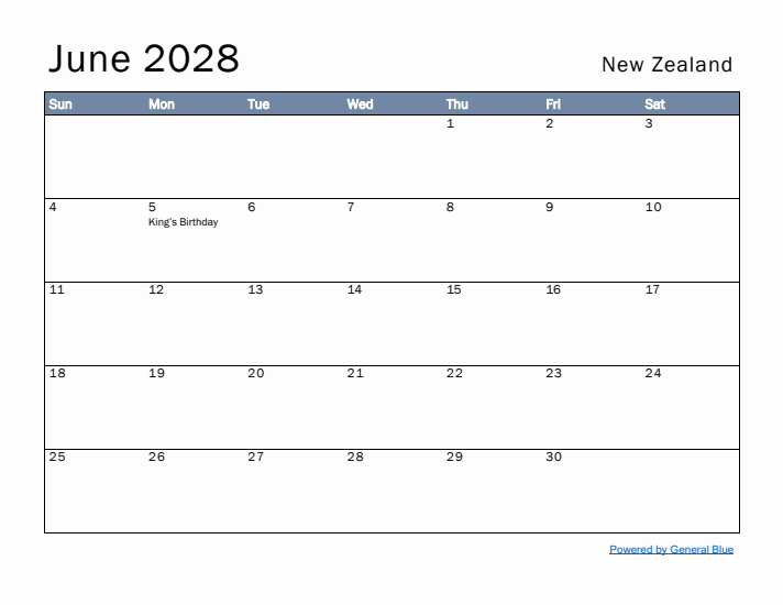 June 2028 Simple Monthly Calendar for New Zealand