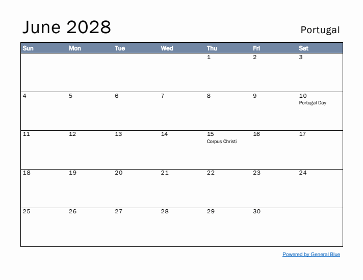 June 2028 Simple Monthly Calendar for Portugal