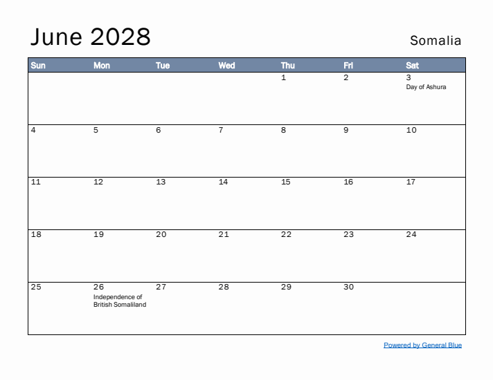 June 2028 Simple Monthly Calendar for Somalia