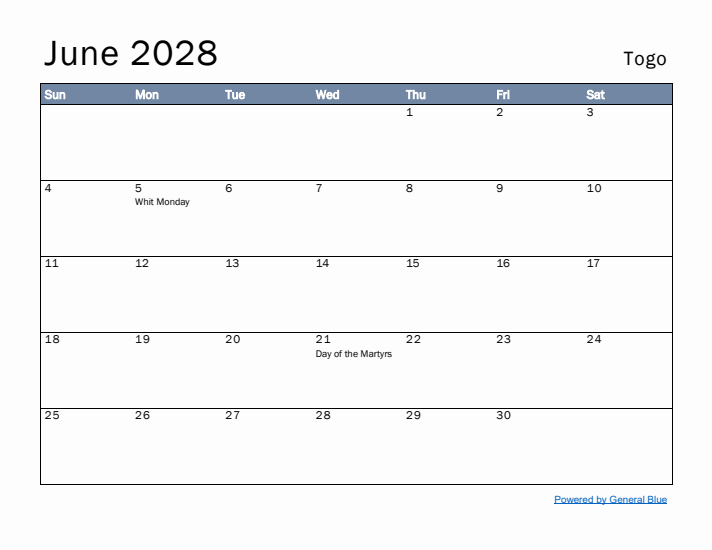 June 2028 Simple Monthly Calendar for Togo