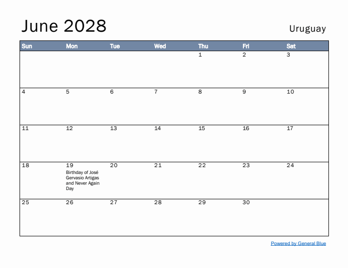 June 2028 Simple Monthly Calendar for Uruguay