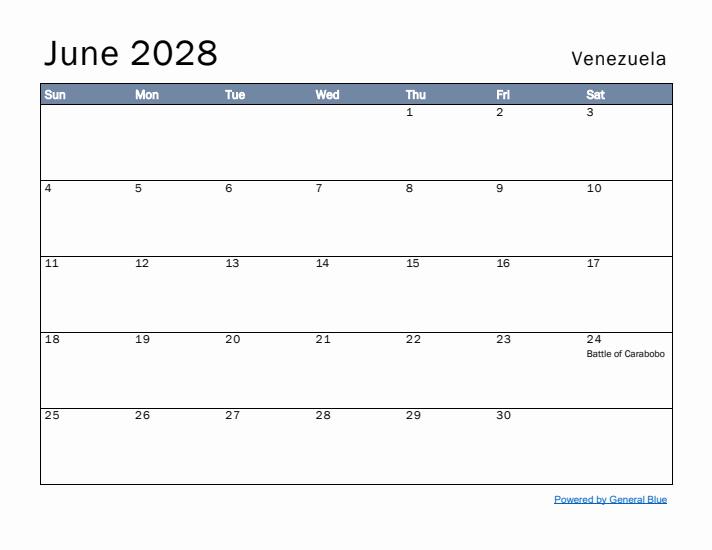 June 2028 Simple Monthly Calendar for Venezuela