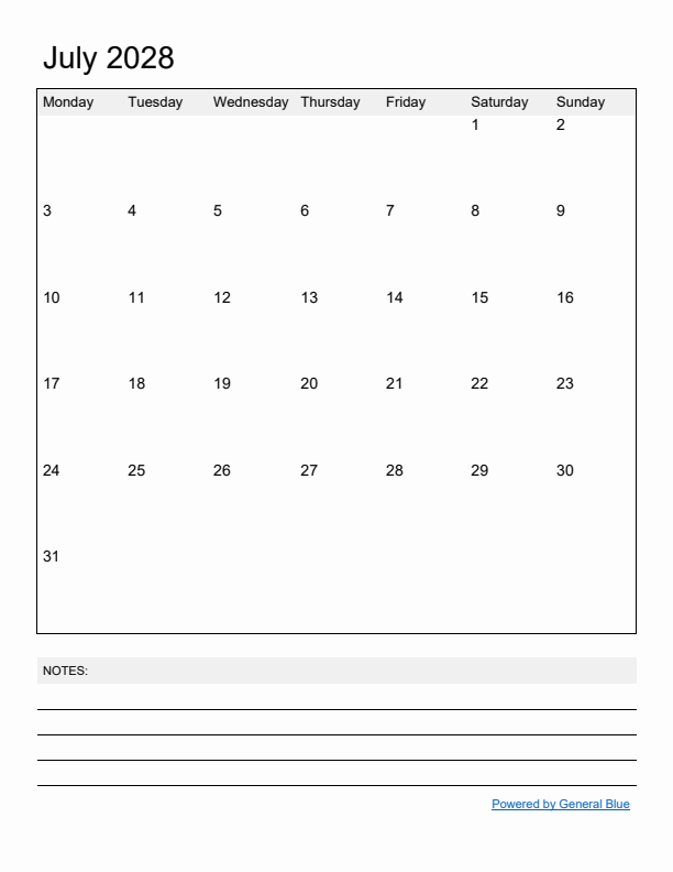 Basic Monthly Calendar Template for July 2028