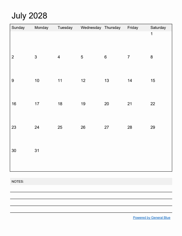 Basic Monthly Calendar Template for July 2028