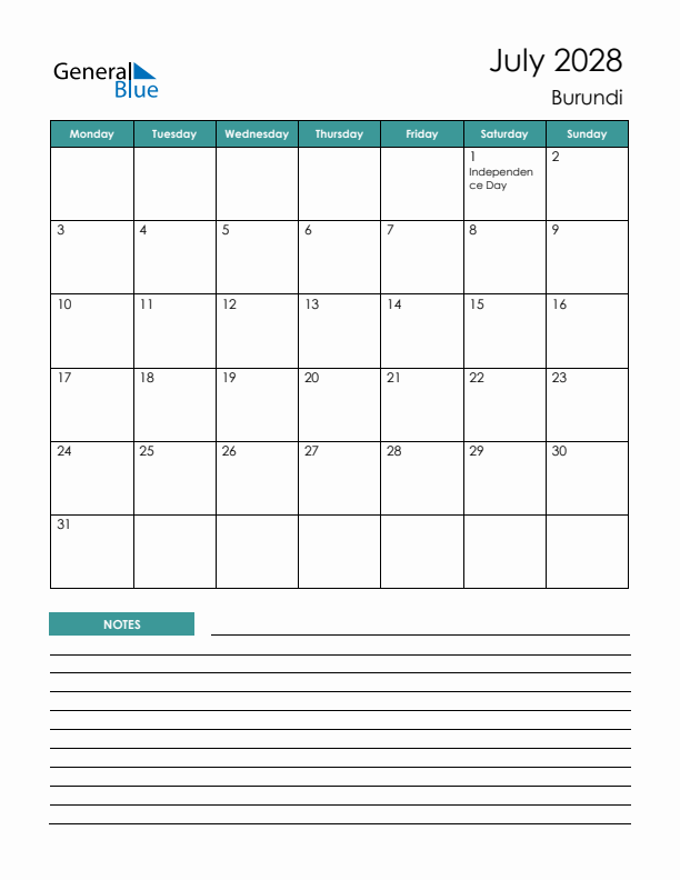 Calendar with Notes Printable - Monday Start