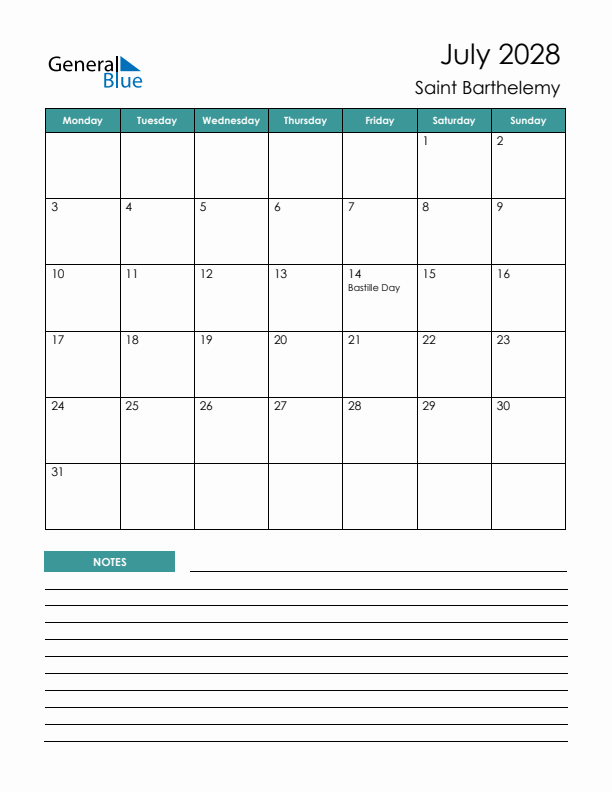 Calendar with Notes Printable - Monday Start