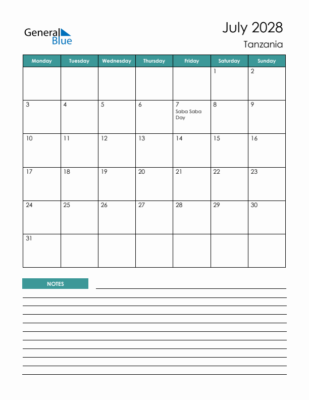 Calendar with Notes Printable - Monday Start