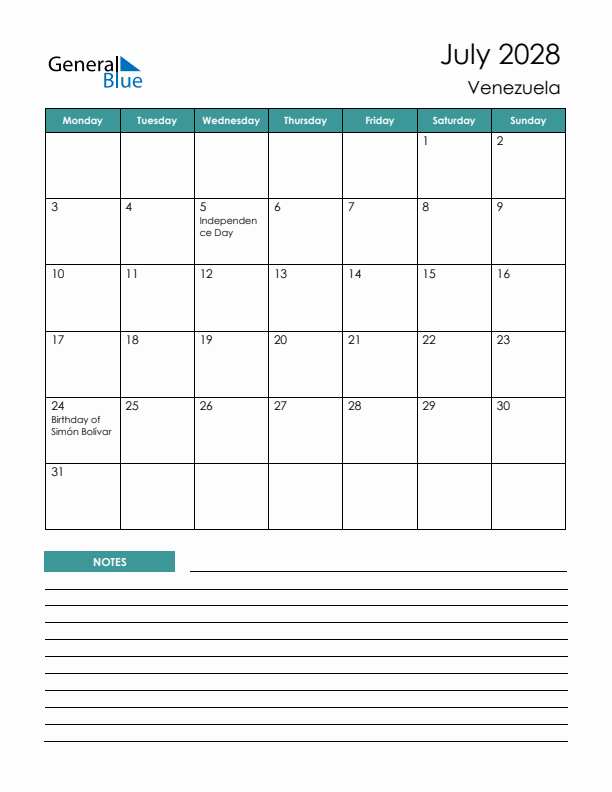 Calendar with Notes Printable - Monday Start