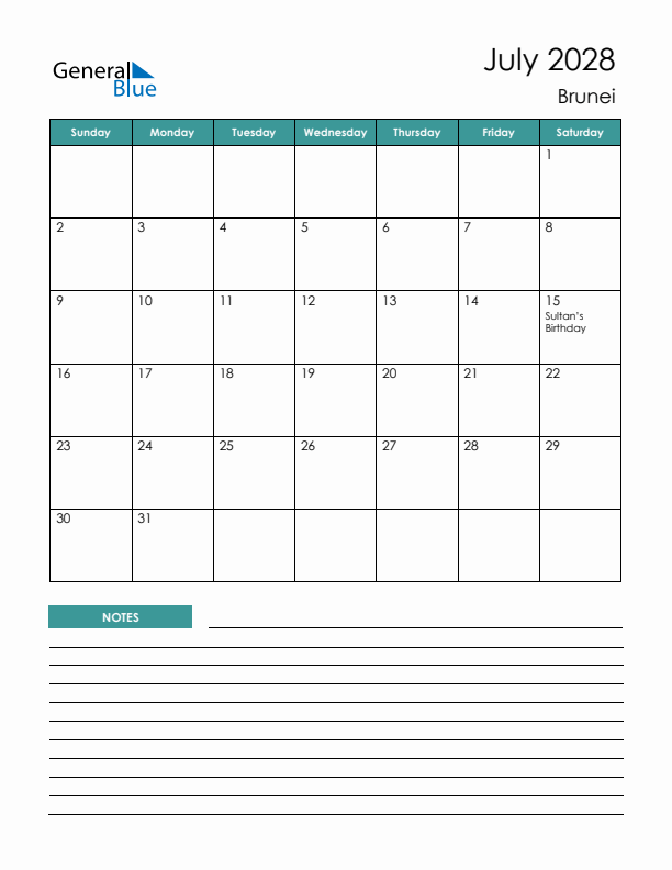 Calendar with Notes Printable - Sunday Start