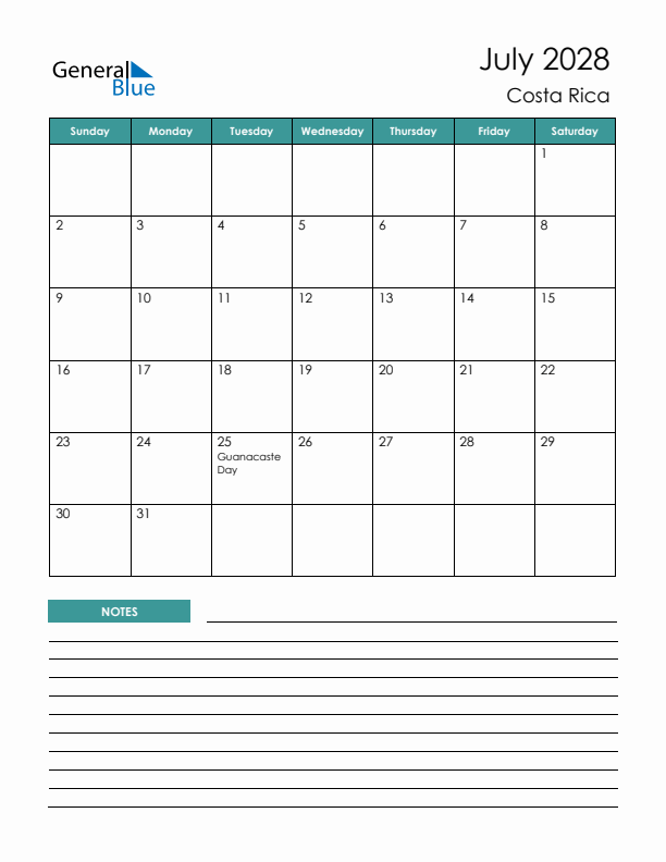 Calendar with Notes Printable - Sunday Start