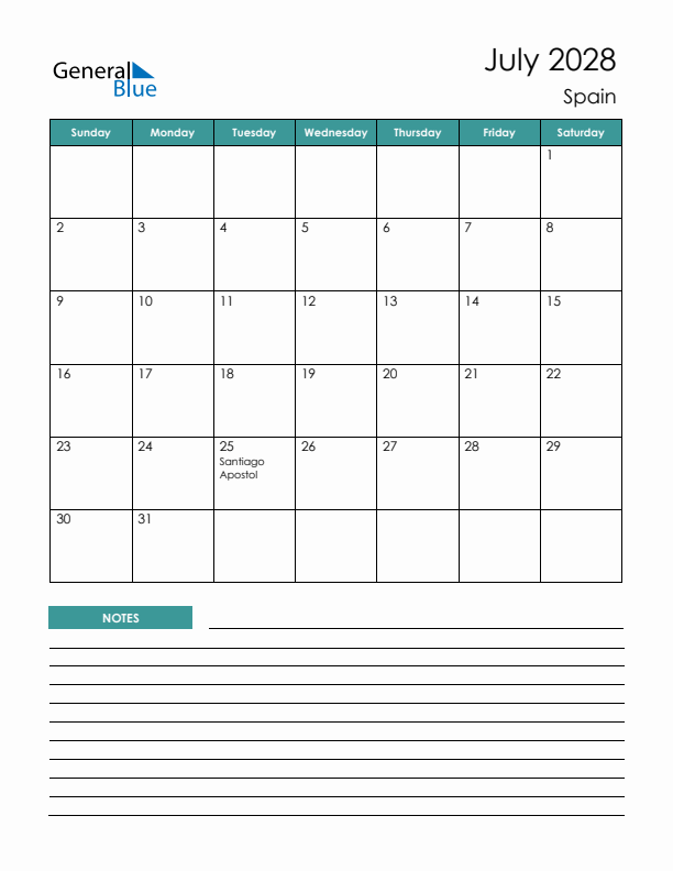 Calendar with Notes Printable - Sunday Start