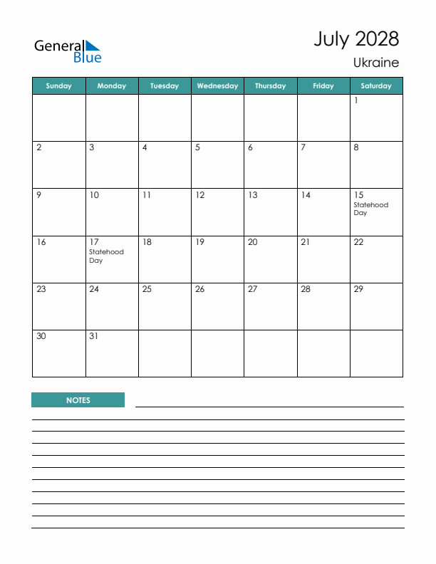 Calendar with Notes Printable - Sunday Start