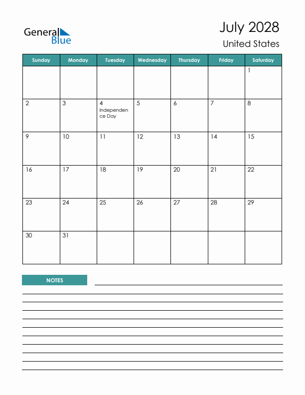 Calendar with Notes Printable - Sunday Start