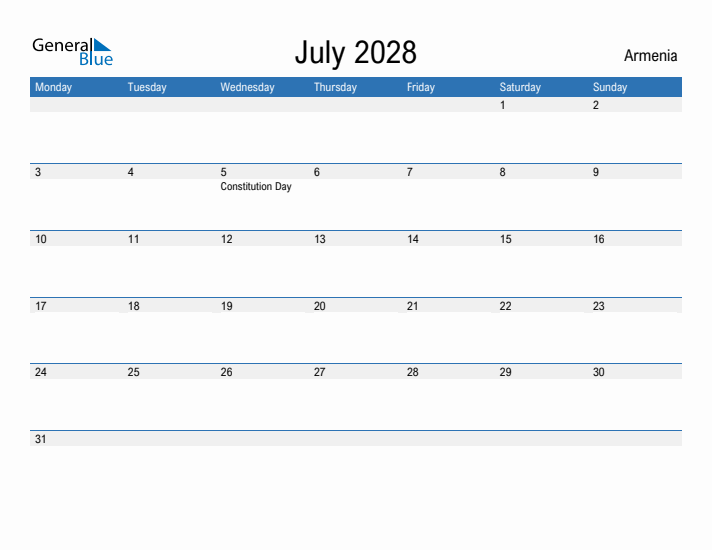 Fillable July 2028 Calendar