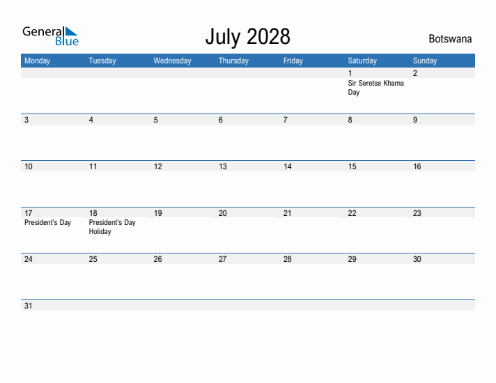 Fillable July 2028 Calendar