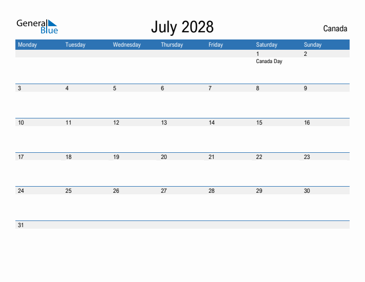 Fillable July 2028 Calendar