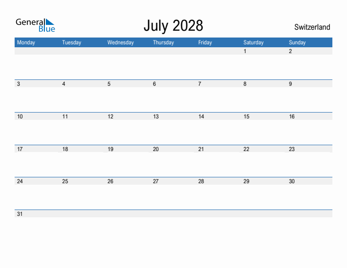 Fillable July 2028 Calendar