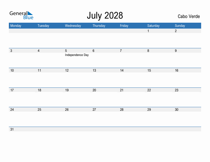 Fillable July 2028 Calendar