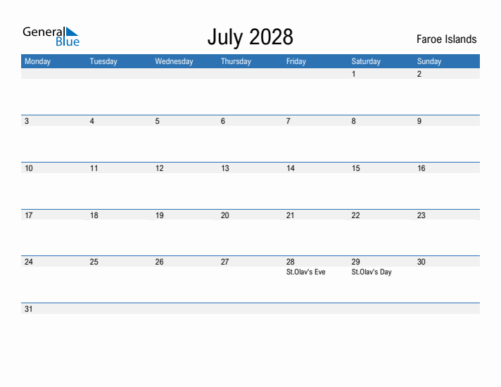 Fillable July 2028 Calendar