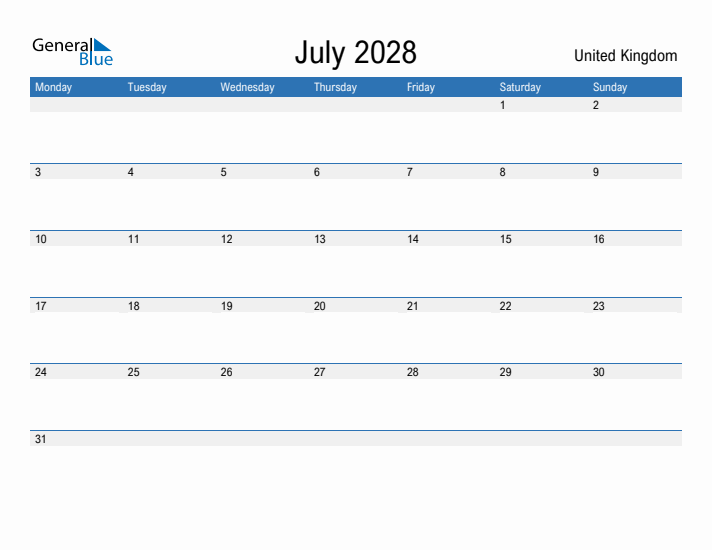 Fillable July 2028 Calendar