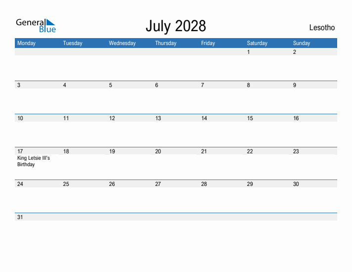 Fillable July 2028 Calendar