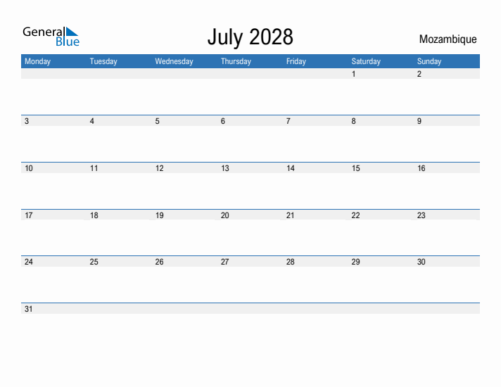 Fillable July 2028 Calendar