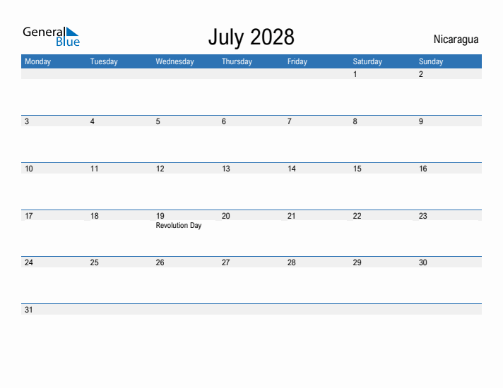 Fillable July 2028 Calendar