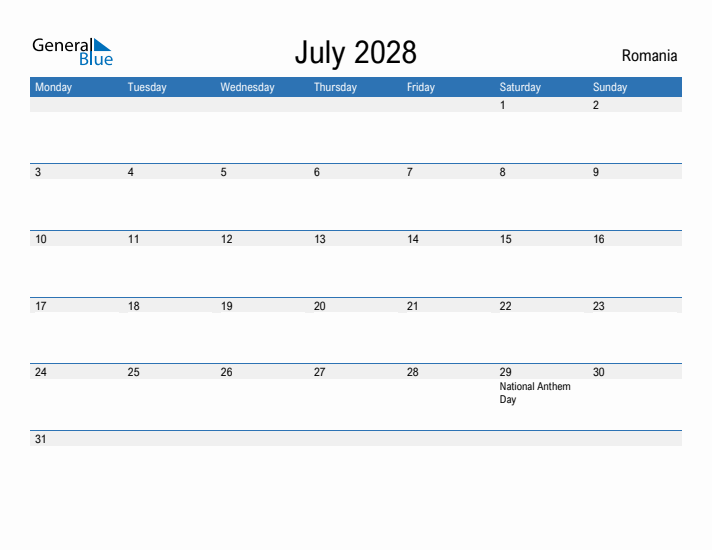 Fillable July 2028 Calendar