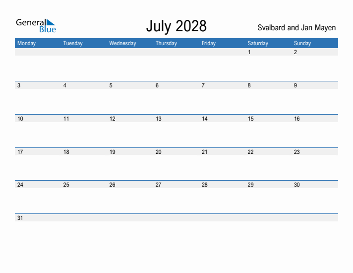 Fillable July 2028 Calendar