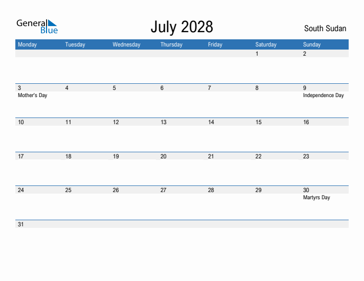 Fillable July 2028 Calendar