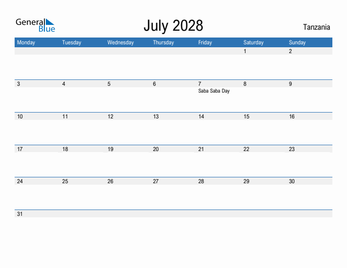 Fillable July 2028 Calendar