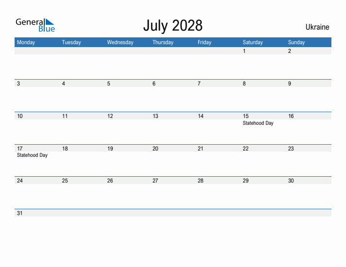 Fillable July 2028 Calendar