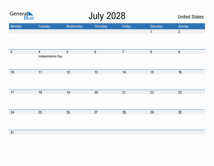 Fillable July 2028 Calendar